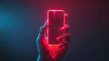 Ponsel dengan cahaya neon melambangkan pengalaman mobile Cuan365